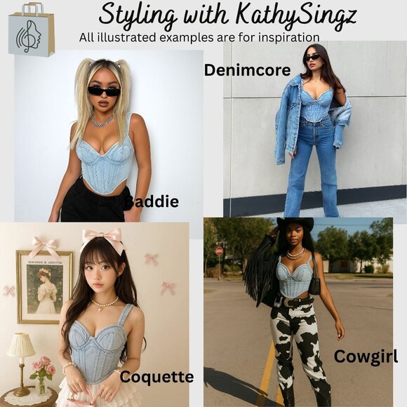 PrettyLittleThing Light Blue Wash Denim Corset Top Size 0 Bustier Dip Hem Y2K - Picture 5 of 9